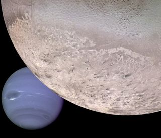 This computer generated montage shows Neptune as it would appear from a spacecraft approaching Triton, Neptune's largest moon.