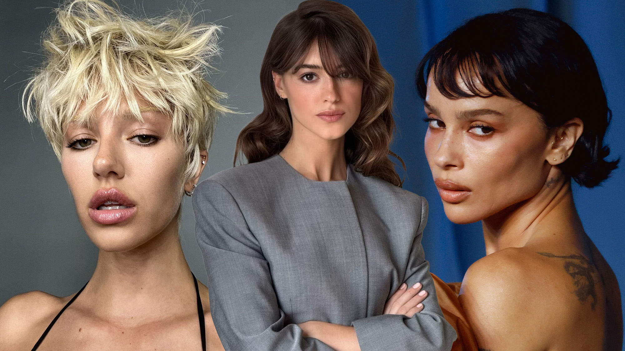 A collage of Delilah Belle Hamlin, Daisy Edgar-Jones, and Zo&euml; Kravitz wearing different hairstyles trending in 2026.