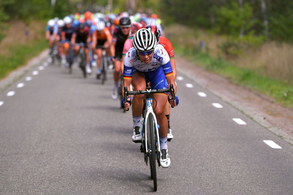 Charlotte Becker (Groupama-FDJ) leads the peloton on stage 3