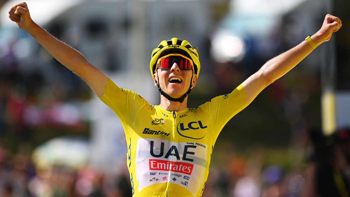 Tadej Pogacar of Slovenia and UAE Team Emirates - Yellow Leader Jersey celebrates at finish line as stage winner during the 111th Tour de France 2024, Stage 15 a 197.7km stage from Loudenvielle to Plateau de Beille 1782m / #UCIWT / on July 14, 2024 in Plateau de Beille, France