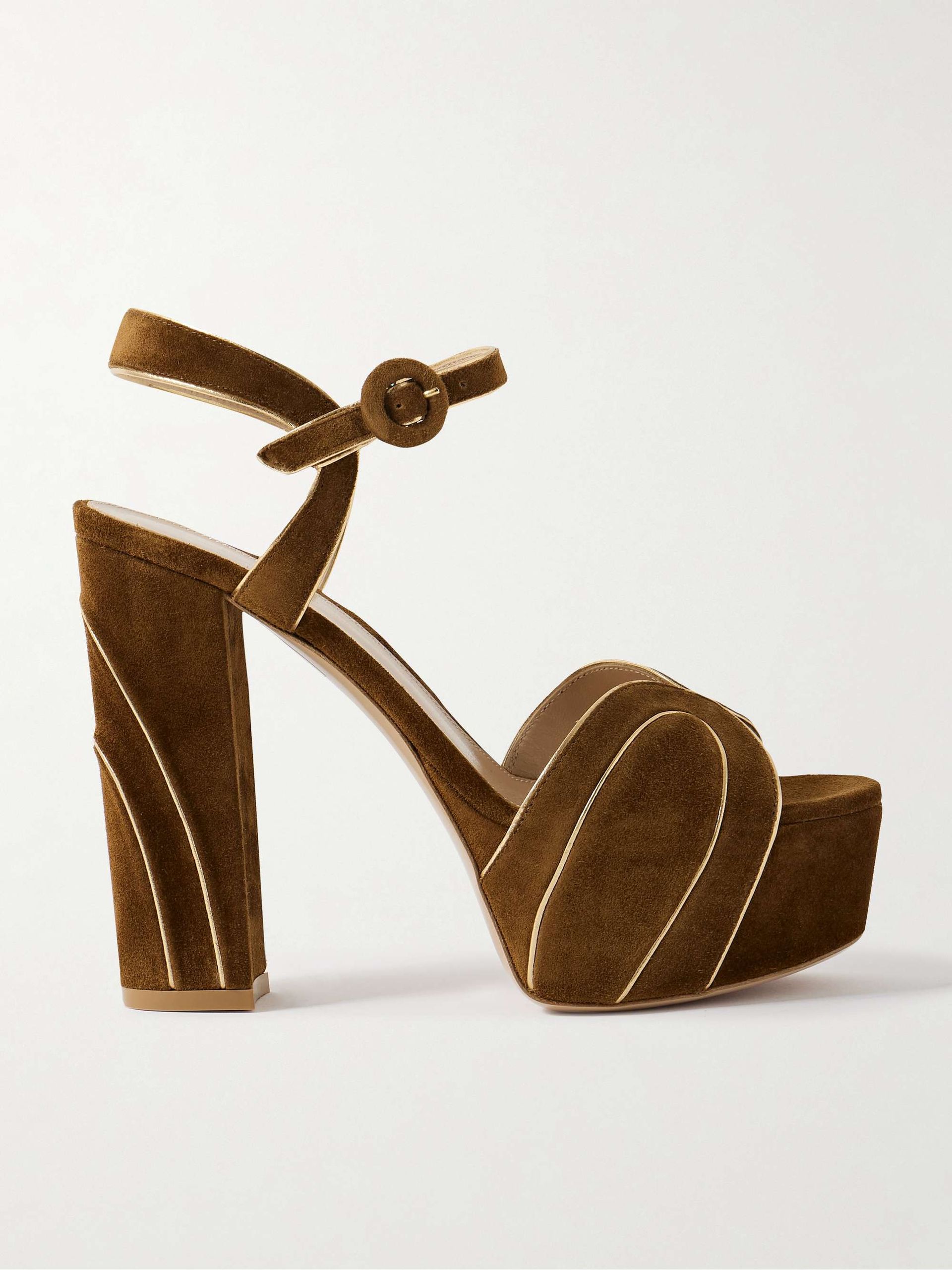Metallic Leather-Trimmed Suede Platform Sandals