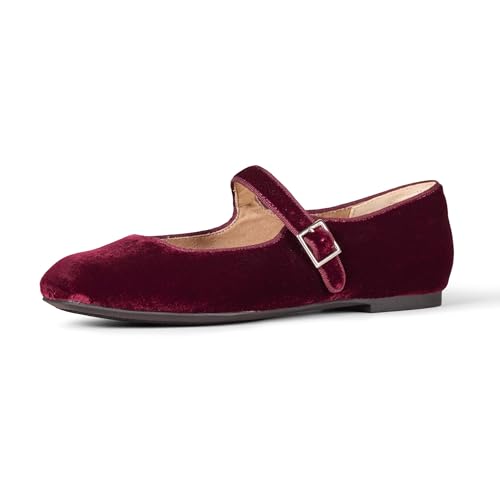 Amazon Essentials Women's Mary Jane Ballet Pumps, Burgundy Velvet, 5.5 Uk