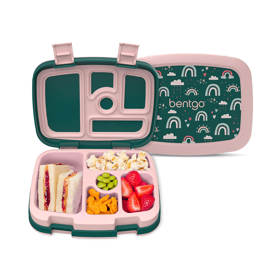 Bentgo Kids Prints Leak-Proof, 5-Compartment Bento-Style Kids Lunch Box - Ideal Portion Sizes for Ages 3-7, Durable, Drop-Proof, Dishwasher Safe, & Pfas & Bpa-Free Materials (green Rainbow)