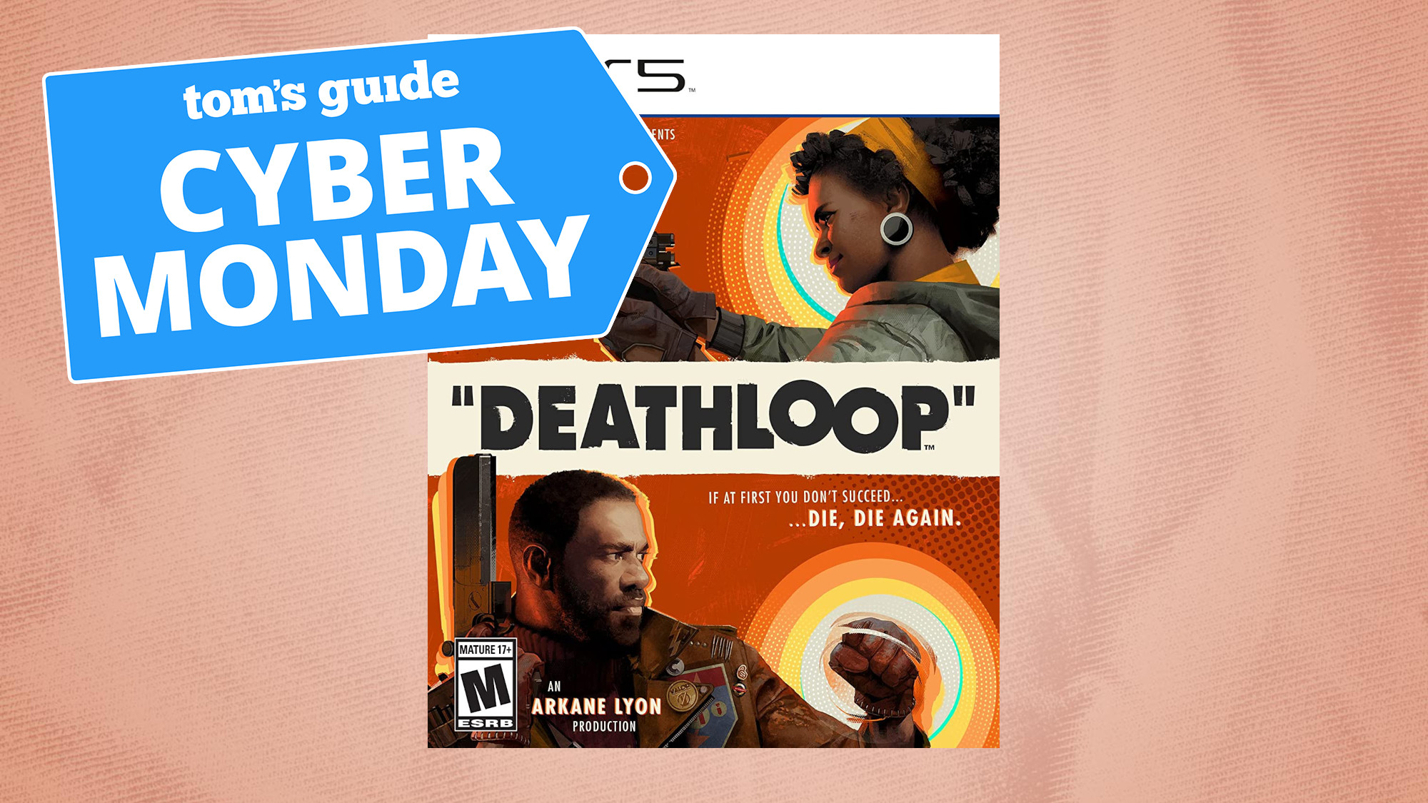 The boxart for Deathloop on the PS5, with a Tom's Guide Cyber Monday badge in the top left corner