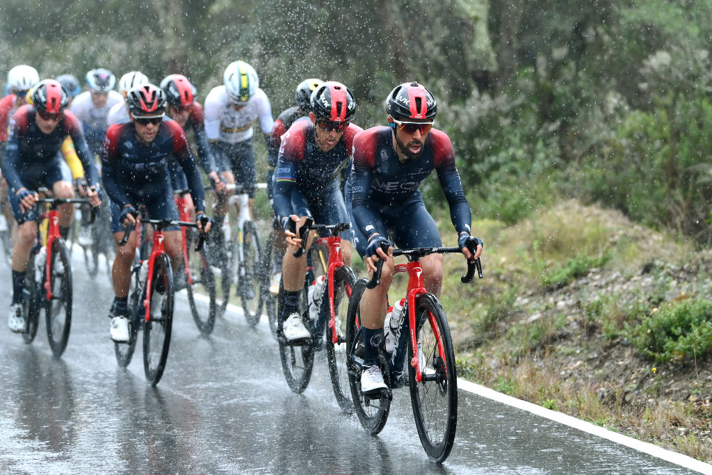 SANT FELIU DE GUIXOLS SPAIN MARCH 21 Jonathan Nicolas Castroviejo of Spain and Team INEOS Grenadiers lead his teammates in heavy rain during the 101st Volta Ciclista a Catalunya 2022 Stage 1a 171km stage from Sant Feliu de Guxols to Sant Feliu de Guxols VoltaCatalunya101 WorldTour on March 21 2022 in Sant Feliu de Guixols Spain Photo by David RamosGetty Images