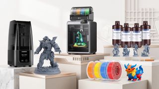 A selection of 3D printers, filament, and resin.