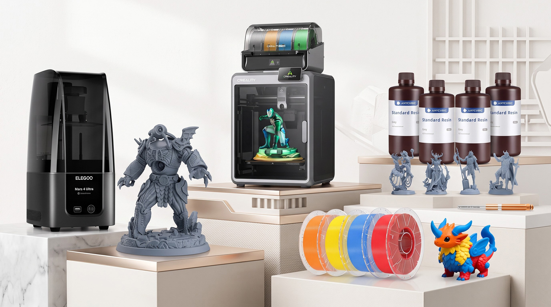 A selection of 3D printers, filament, and resin.