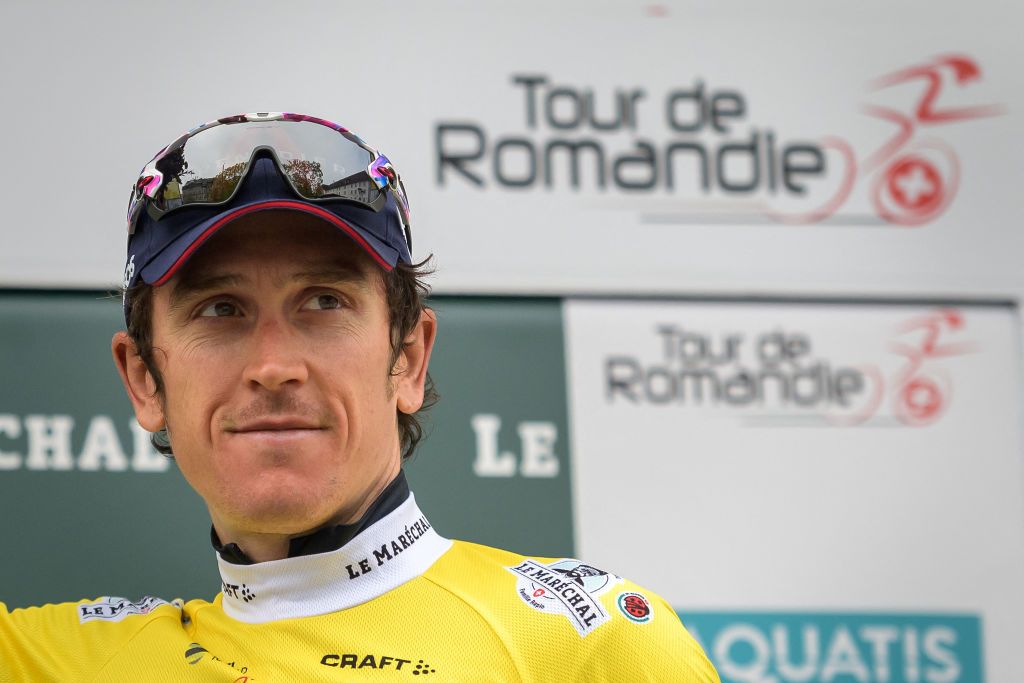 Britains Geraint Thomas celebrates with his yellow jersey of overall leader during the podium ceremony of the final stage 161 km race against the clock Fribourg to Fribourg during the Tour de Romandie UCI World Tour 2021 cycling race on May 2 2021 in Fribourg Photo by Fabrice COFFRINI AFP Photo by FABRICE COFFRINIAFP via Getty Images