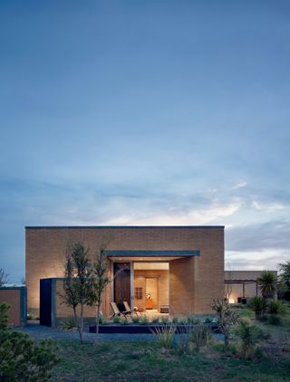Night shot of exterior of house in Marfa