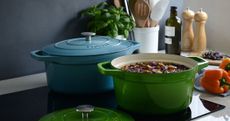 A selection of ProCook casserole dishes, in green and blue.