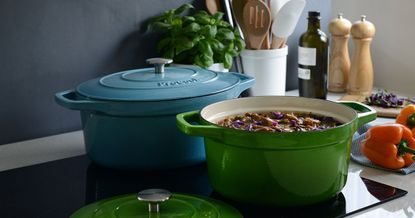 A selection of ProCook casserole dishes, in green and blue.