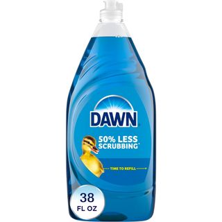 A clear plastic bottle of blue Dawn dish soap liquid