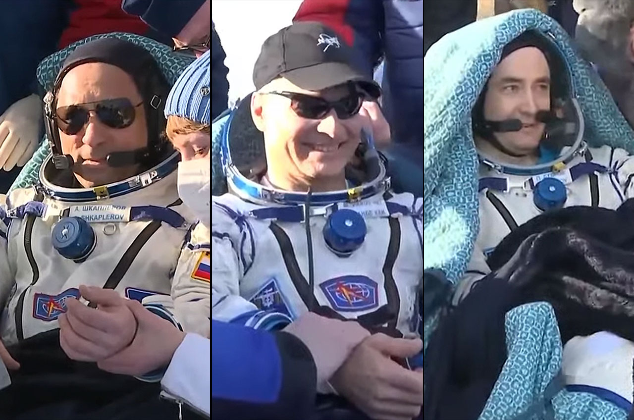 Soyuz MS-19 crewmates Anton Shkaplerov (at left), Mark Vande Hei (center) and Pyotr Dubrov as seen after returning to Earth from the International Space Station on Wednesday, March 30, 2022.