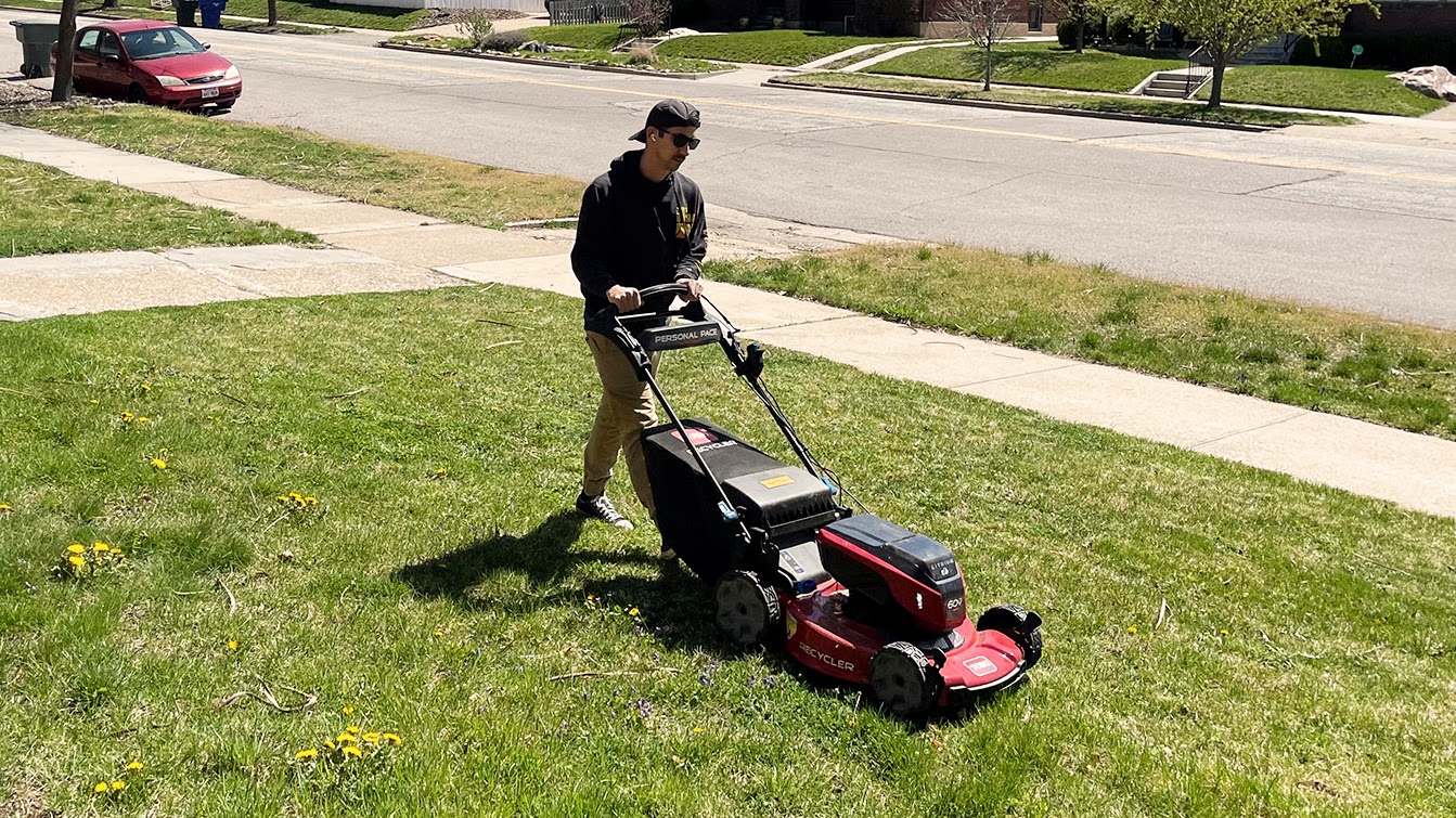 Toro 60V Max 22in Recycler Lawn Mower being tested in writer's home