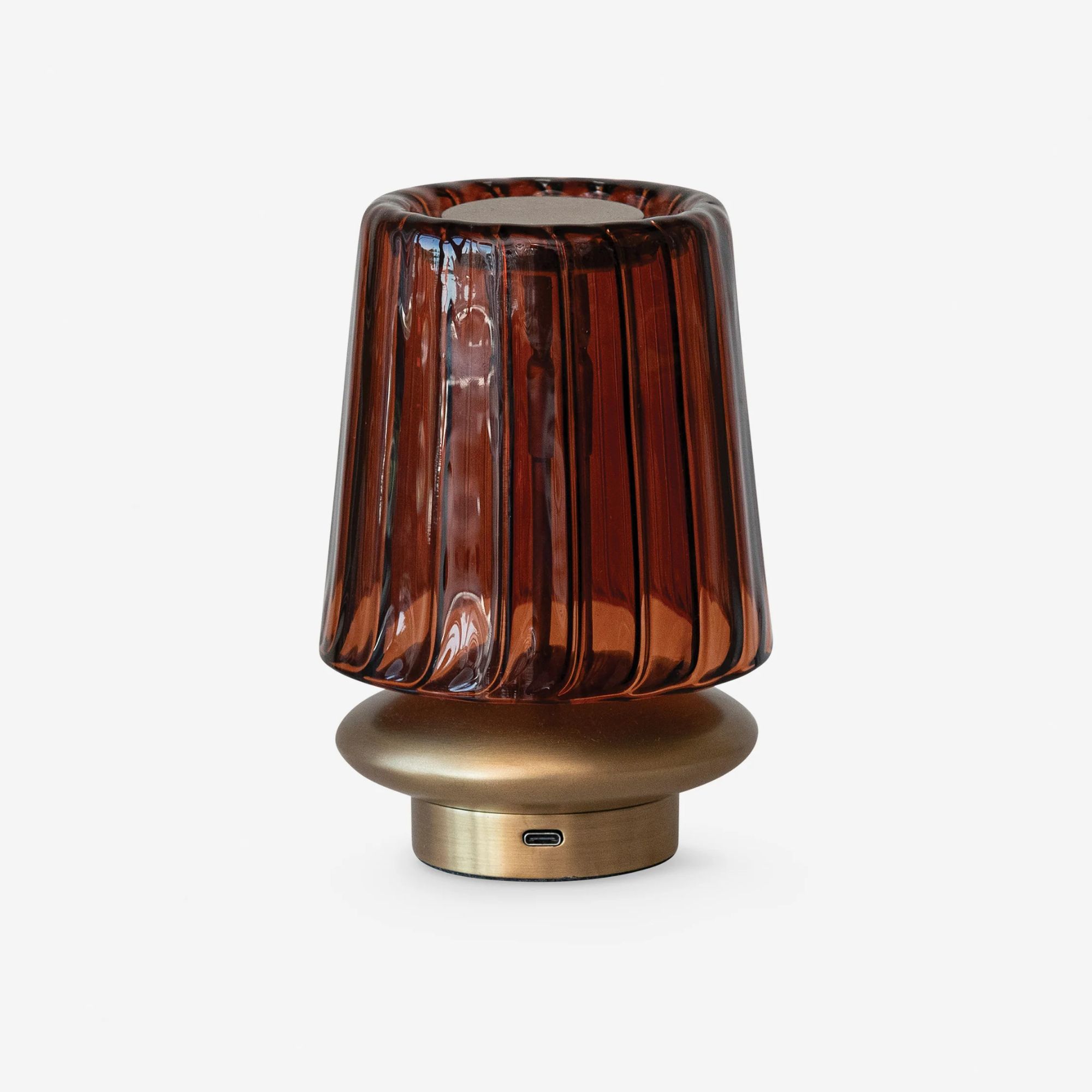 portable lamp with brown glass shade
