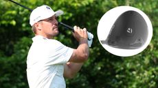 Bryson DeChambeau holds his finish on a tee shot and an inset photo of a new prototype TaylorMade Qi4D driver