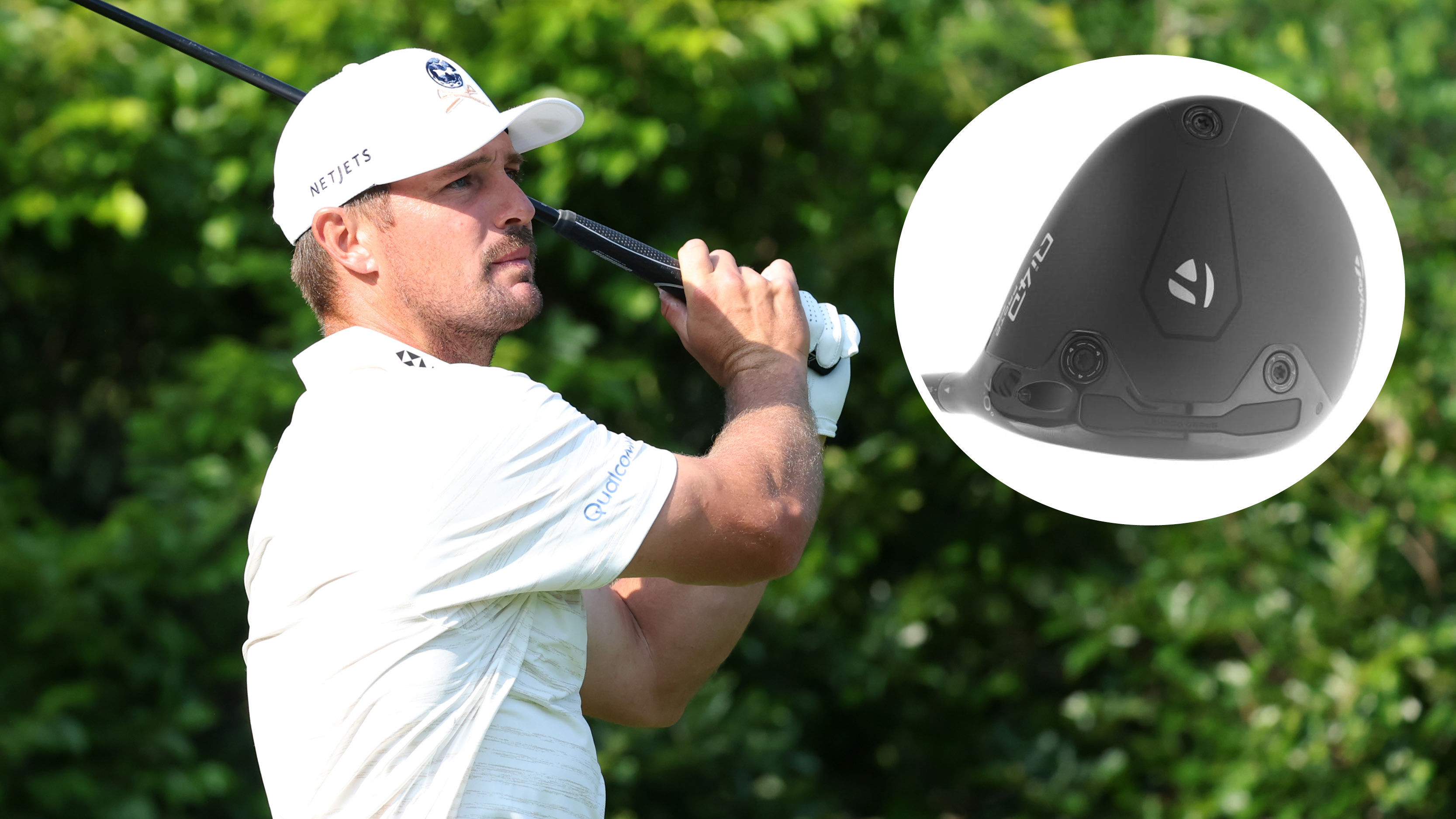 Bryson DeChambeau holds his finish on a tee shot and an inset photo of a new prototype TaylorMade Qi4D driver