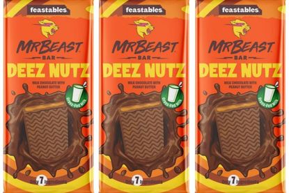 Three bars of MrBeast Feastables chocolate