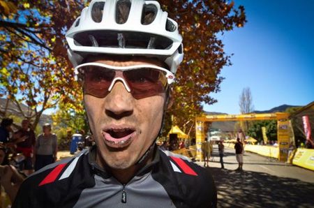 An exhausted Ben Melt Swanepoel at the finish of the 2012 MTB Clarens National Marathon Series race in South Africa