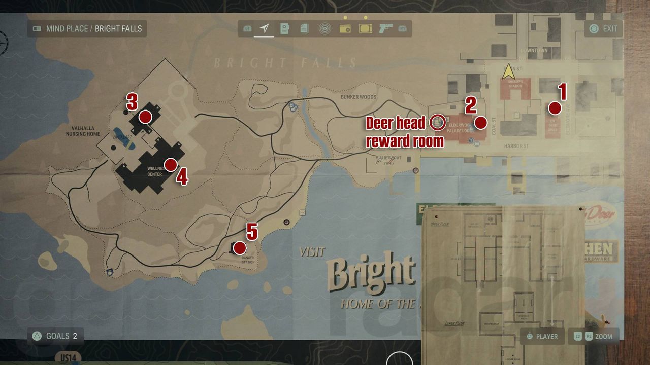 Alan Wake 2 deer heads map of bright falls