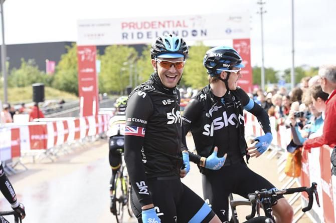 Ian Stannard Team Sky has a joke on the start line in Startford
