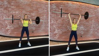 Trainer Sarah Lindsay demonstrates two positions of the barbell overhead press