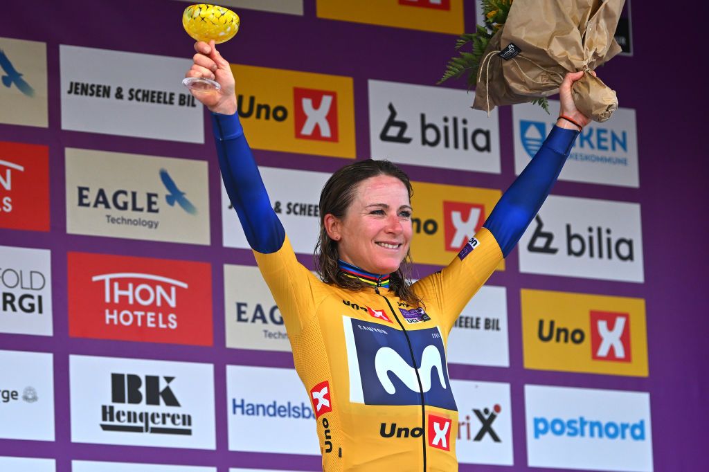 HERNING DENMARK AUGUST 26 Annemiek Van Vleuten of The Netherlands and Movistar Team celebrates at podium as Yellow Leader Jersey winner during the 9th Tour of Scandinavia 2023 Battle Of The North Stage 4 a 165km individual time trial stage from Herning to Herning UCIWWT on August 26 2023 in Herning Denmark Photo by Luc ClaessenGetty Images