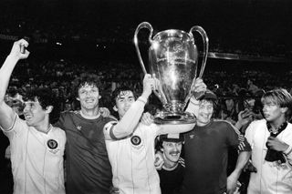 Aston Villa players celebrate with the European Cup after victory over Bayern Munich in the 1982 final.