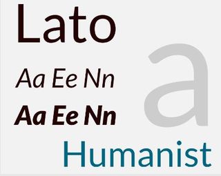 Sample text in Lato font, a simple sans-serif font, with several letters of the alphabet, a giant letter ‘a’, and the word ‘humanist’ spelt out, on a light grey background.