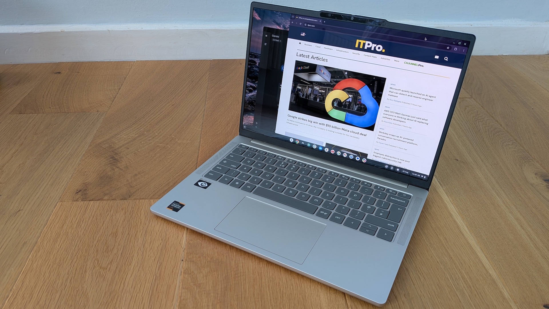 The Lenovo Chromebook Plus 14 on a desk