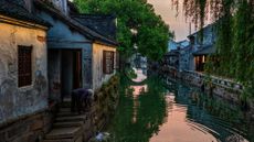 Aerial view of the serene Jinxi water town in Suzhou, China