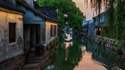 Aerial view of the serene Jinxi water town in Suzhou, China