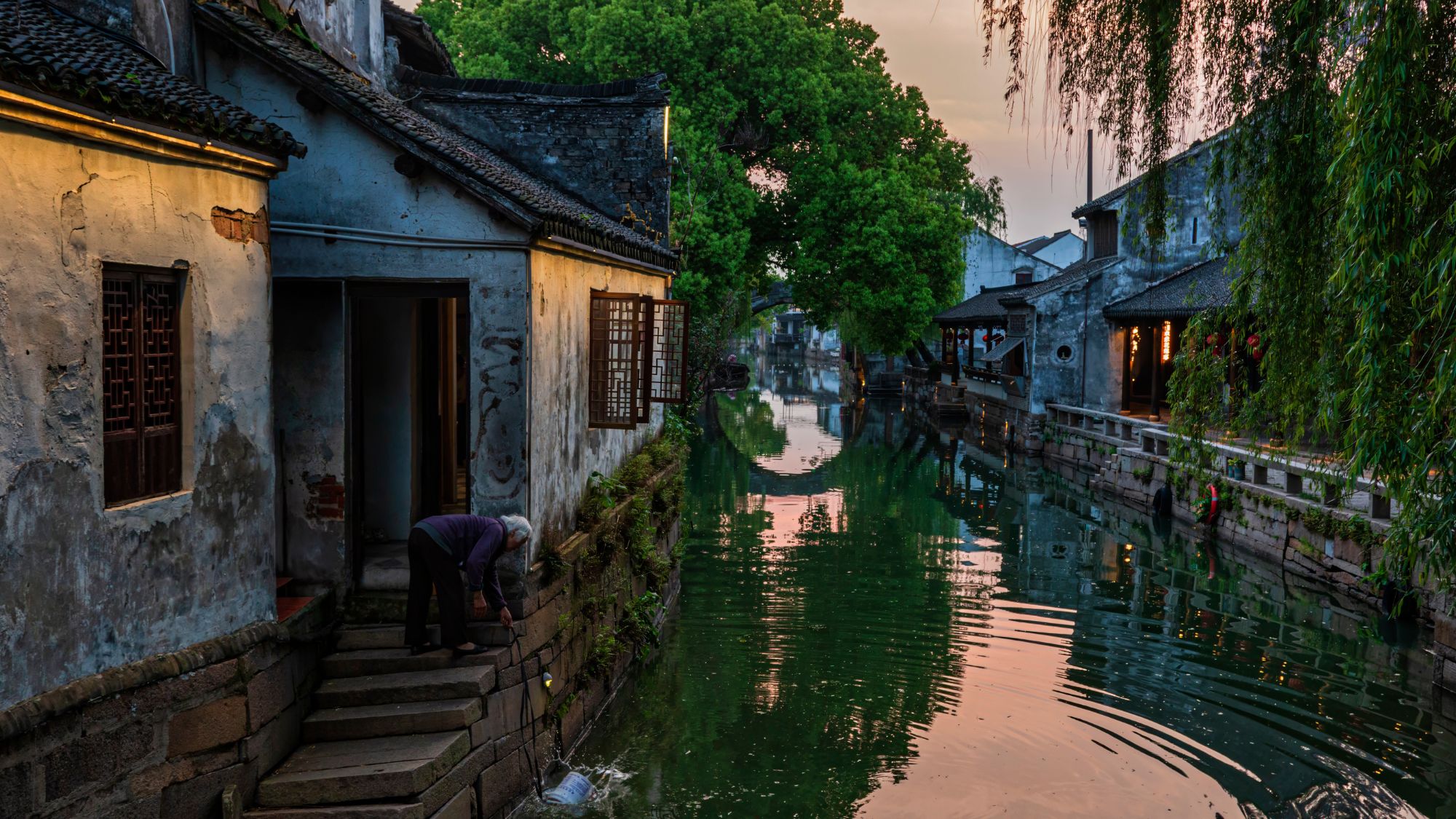 Aerial view of the serene Jinxi water town in Suzhou, China