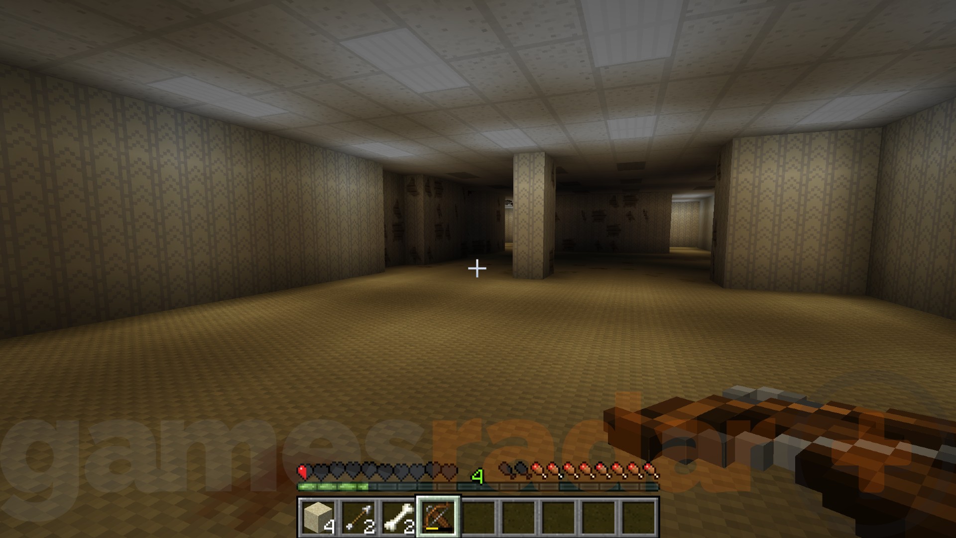 A player wields a crossbow as they navigate The Backrooms, a liminal space Minecraft mod.