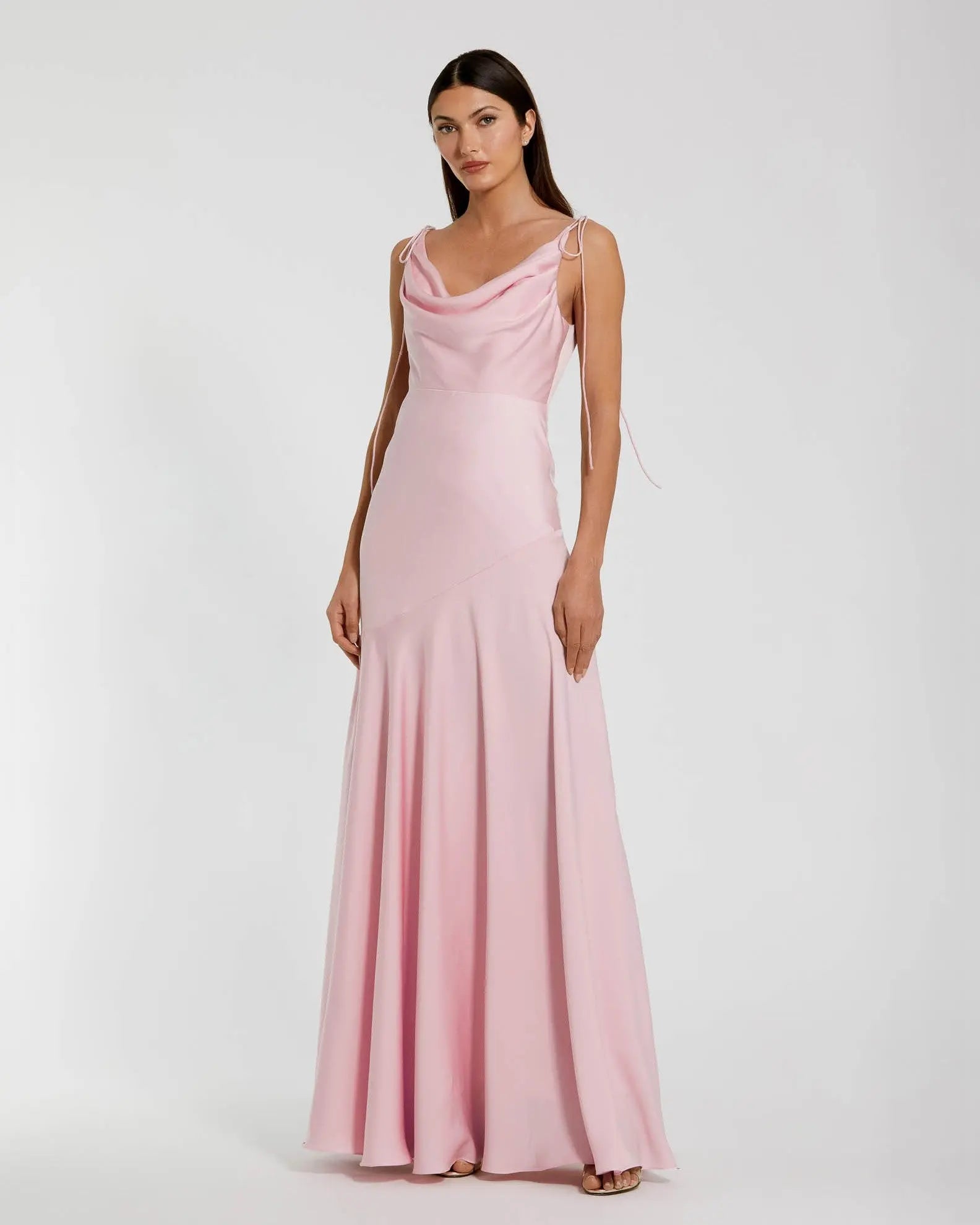Pink Charmeuse Cowl Neck Gown With Bow Straps