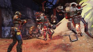 Fallout 76 screenshot showing two soldiers shooting robots