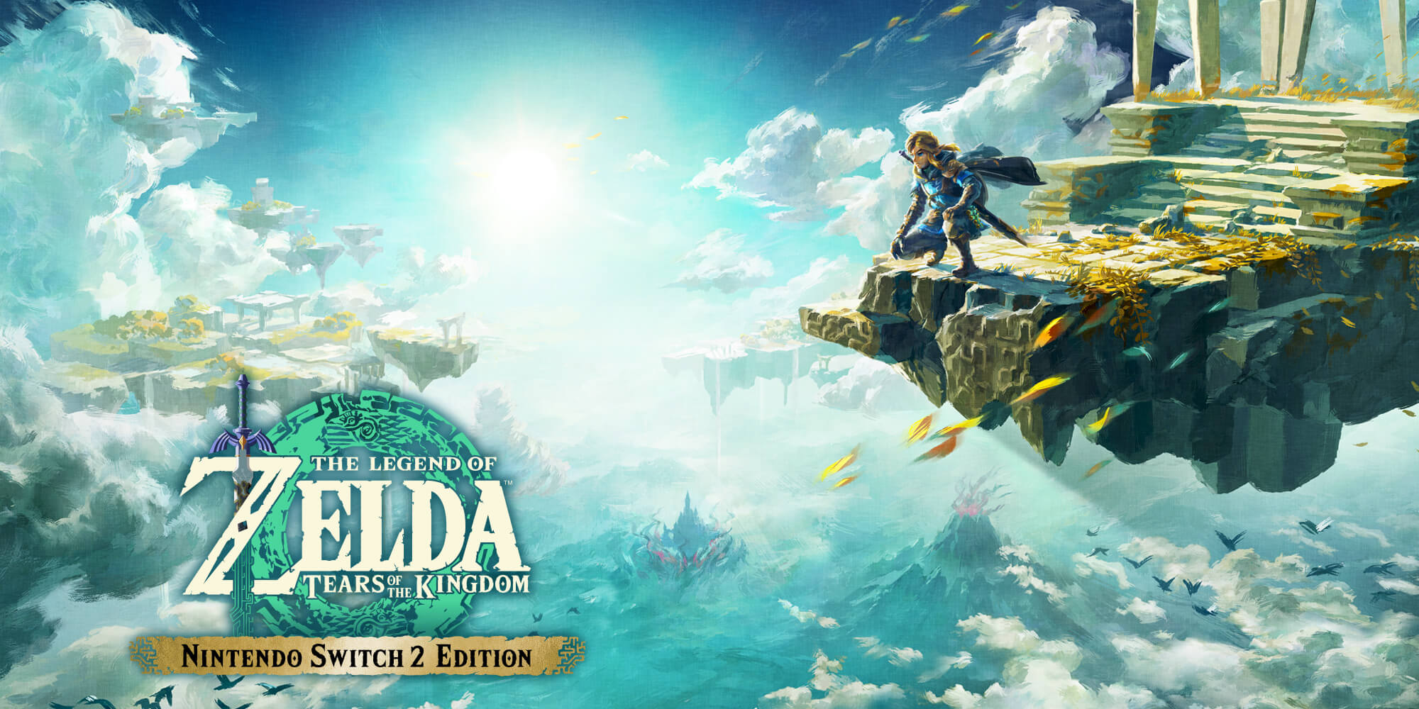 Link from The Legend of Zelda crouched on a floating platform with multiple floating islands in the background and The Legend of Zelda: Tears of the Kingdom logo in the bottom left of the screen