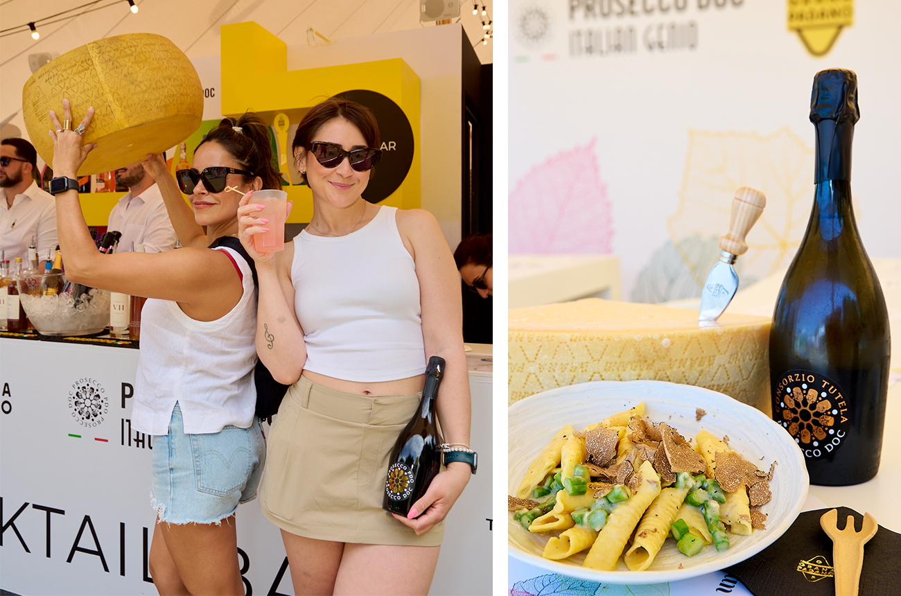 Two women holding Prosecco and Grana Padano, and an image of Prosecco and Grana Padano on a table with some pasta