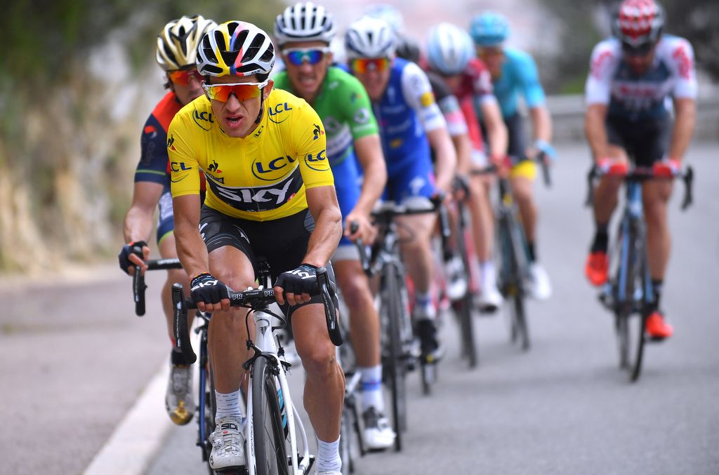 Race leader Sergio Henao (Team Sky) taking it upon himself to save yellow