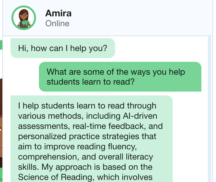 A screenshot of a conversation with Amira Learning.