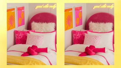 Pink, orange and yellow dorm bed on yellow background