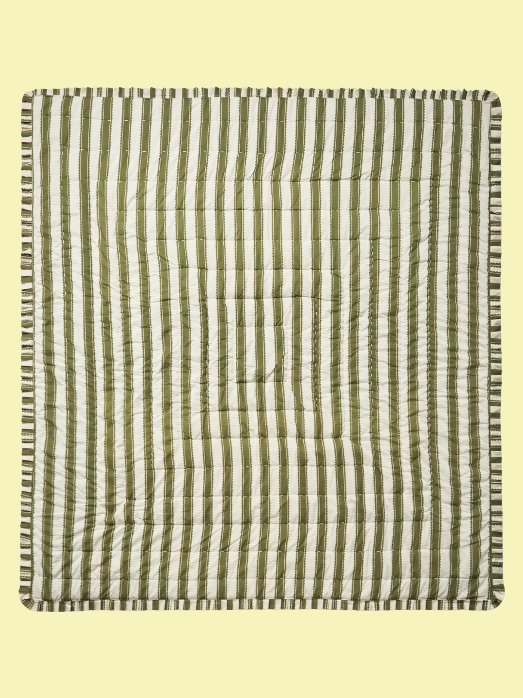 A striped green and white quilt from John Lewis x Sanderson