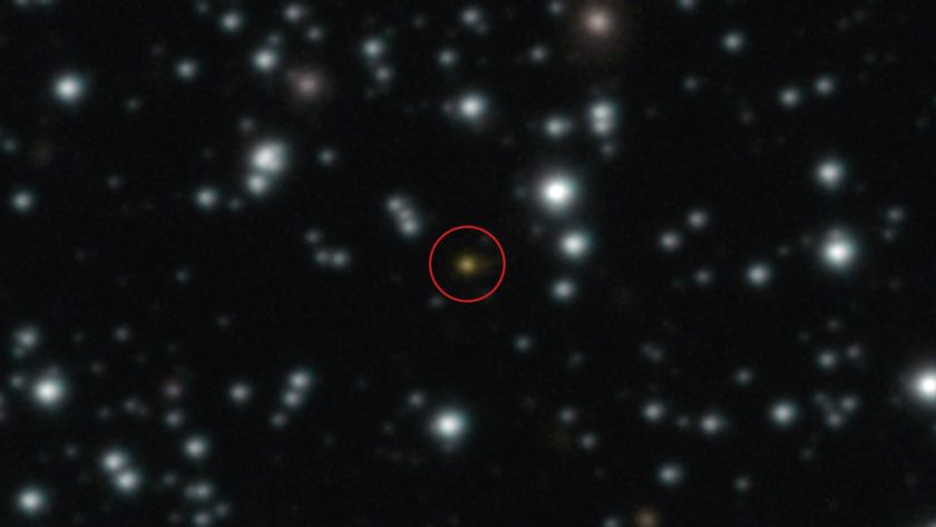 A photograph of the cosmic explosion, circled in red, taken with the Very Large Telescope&#039;s HAWK-I infrared camera.