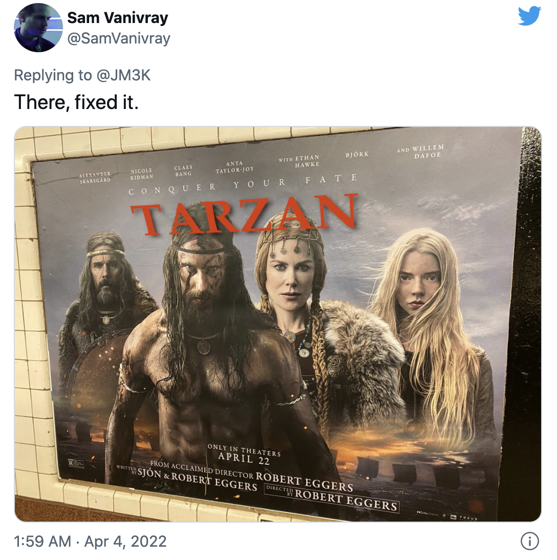 The Northman movie poster with the title changed to Tarzan