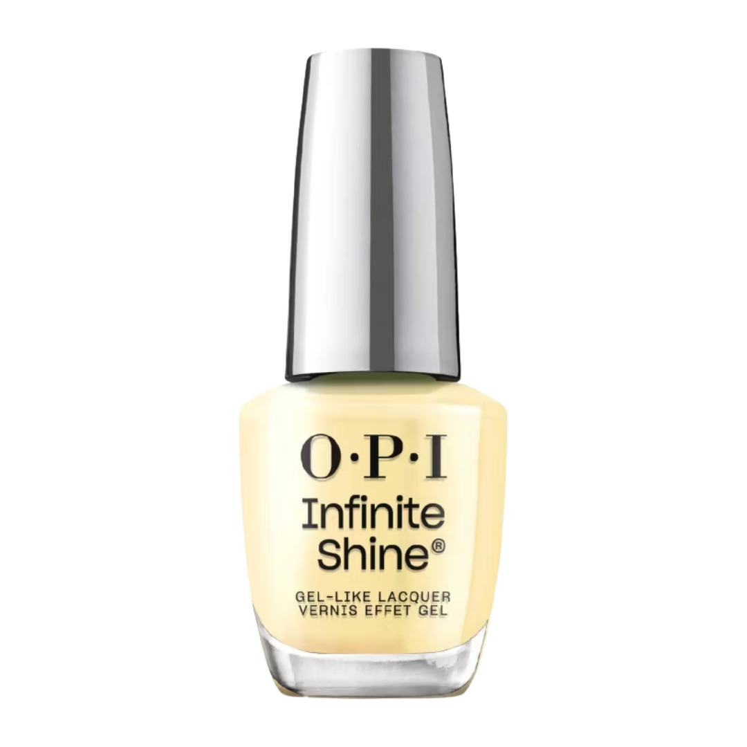 A product shot of the OPI Infinite Shine Gel Like Polish - This Chic Is Bananas, on a white background