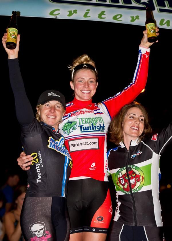 Terrapin Twilight Criterium women's podium (L-R): Laura Van Gilder (Mellow Mushroom-Rose Bandit Racing), Erica Allar (RideClean-Parentit.com), Sarah Fader (Pepper Palace-Spin-Tech Training)