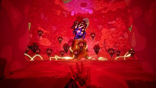 Best Free Steam Games - FleshBound - A first-person view of a red, fleshy room filled with floating demon heads.