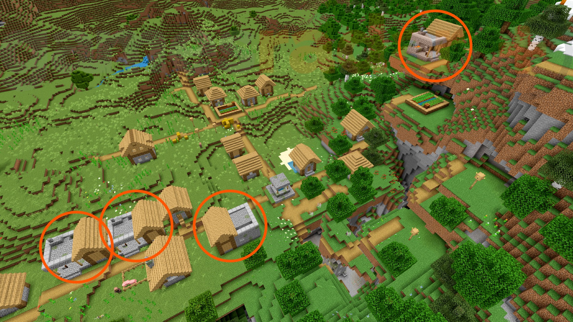 Four Blacksmith houses in one village in one of the best Minecraft Bedrock survival seeds.