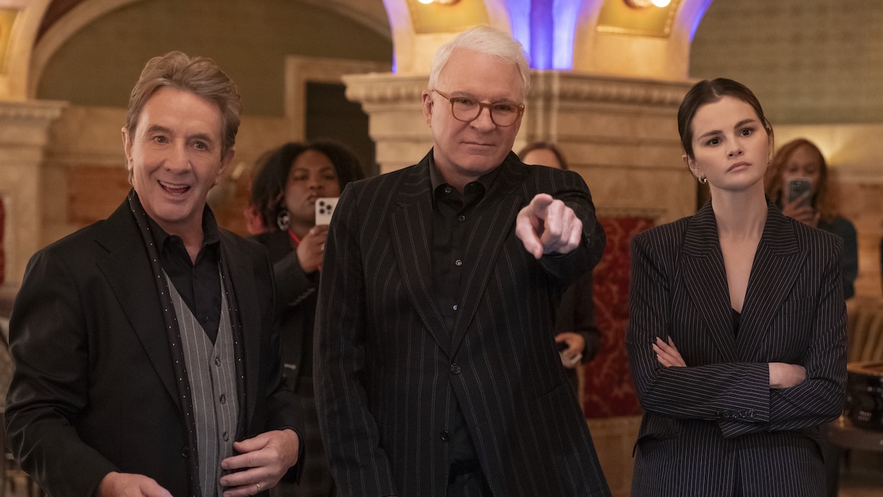 Oliver, Mabel and Charles dressed like gangsters in Only Murders in the Building's Season 5 finale