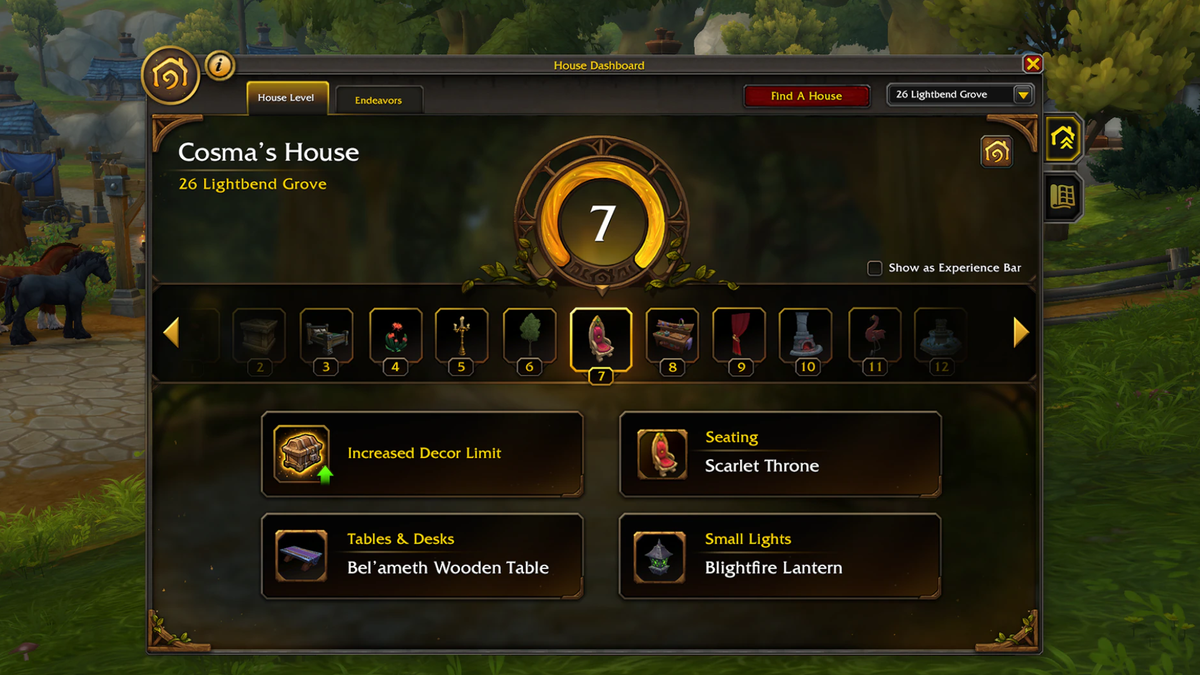 An image showing an Endeavour in World of Warcraft's housing system, including a rank and several furnishing rewards.